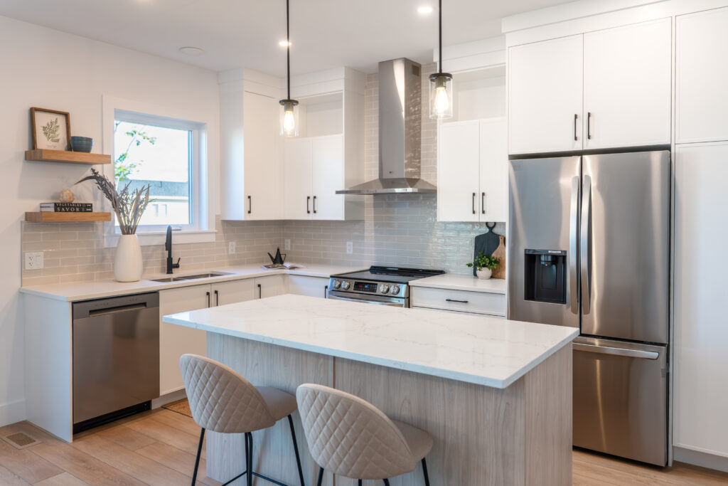 Modern kitchen with island lighting and electrical upgrades